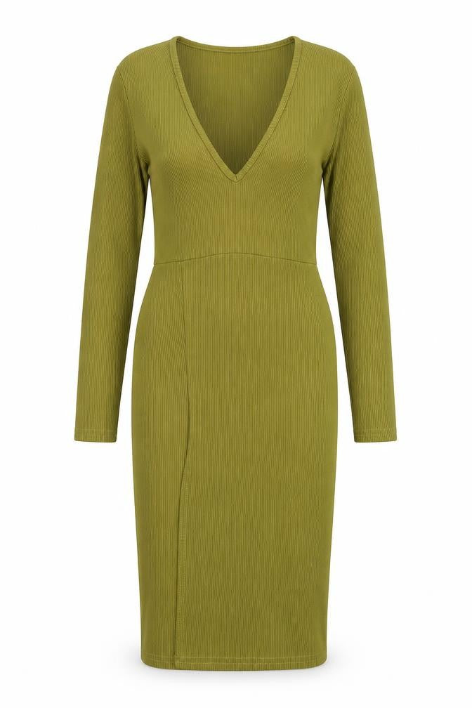 Front view of PRETTYLITTLETHING women’s green polyester bodycon, size UK 8, v-neck pullover