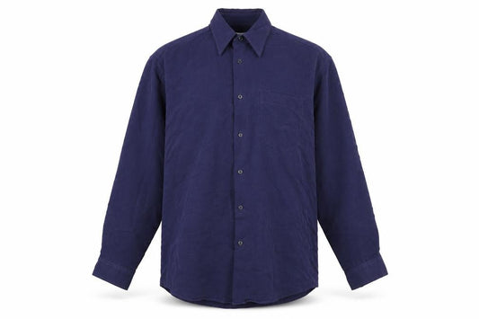 Front view of F&F men’s blue polyester button-up, size M, collared button