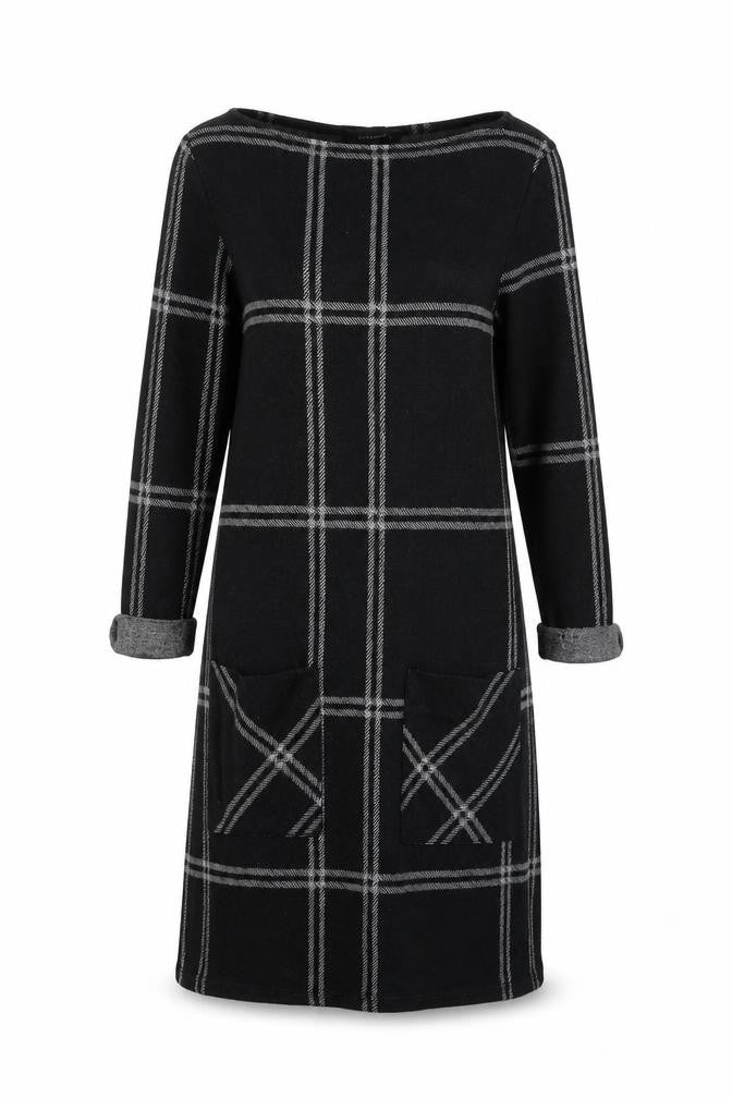 Front view of Atmosphere women’s black plaid polyester a-line, size UK 6, round neck pullover