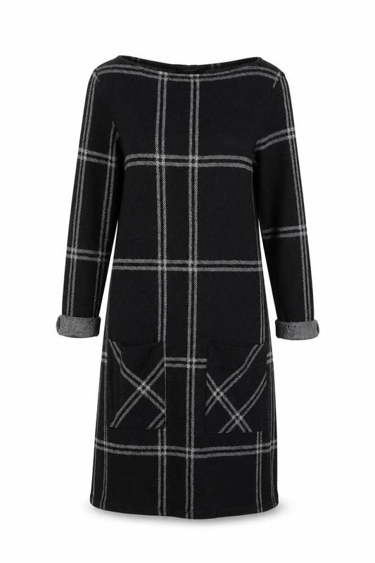 Front view of Atmosphere women’s black plaid polyester a-line, size UK 6, round neck pullover