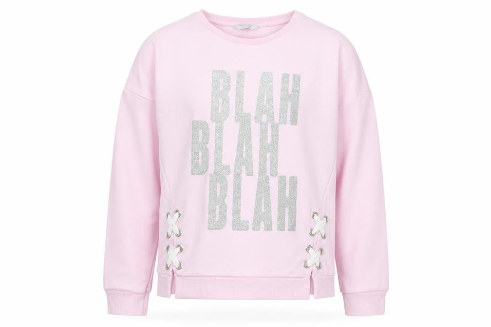 Front view of Primark girls’ pink polyester pullover sweatshirt, size 11-12, years pullover