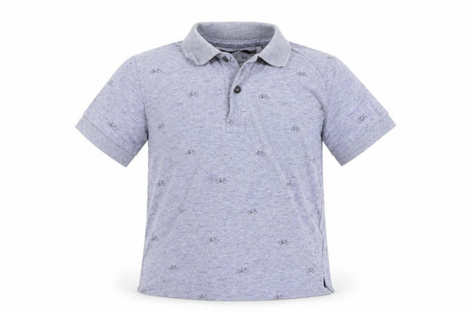 Front view of Next boys’ blue geometric cotton basic polo, size 2-3, years collared button