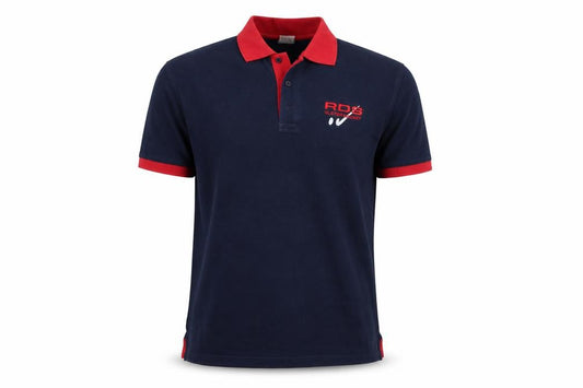 Front view of JERZEES men’s blue cotton polo, size S, collared button - ulster hockey