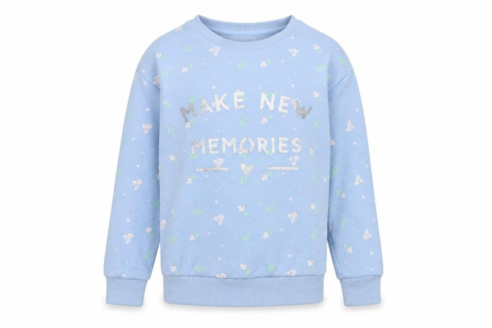 Front view of Dunnes girls’ blue floral cotton pullover sweatshirt, size 7-8, years