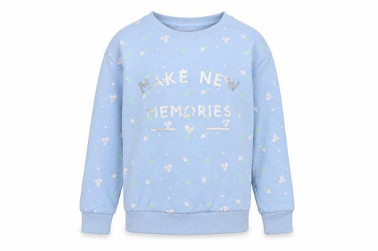 Front view of Dunnes girls’ blue floral cotton pullover sweatshirt, size 7-8, years