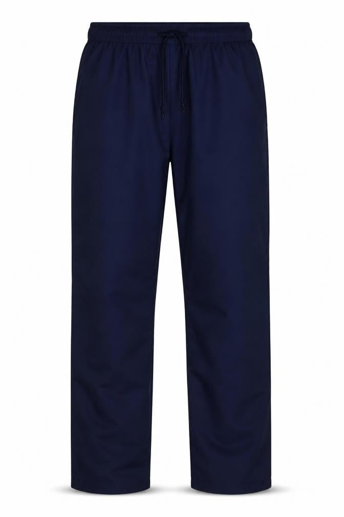 Front view of simon jersey men’s blue polyester trousers, size XS, 33-inch leg regular