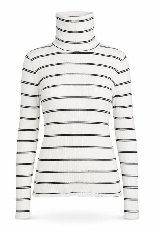 Front view of I SAW IT FIRST women’s white roll neck striped polyester jumper, size UK 8