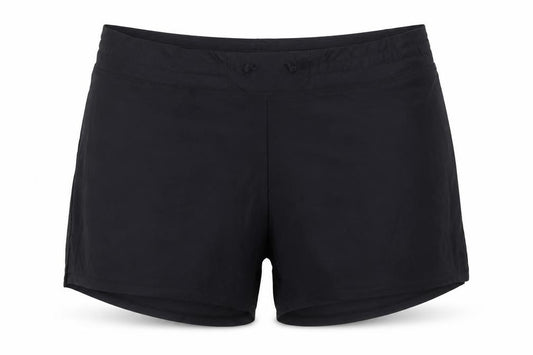 Front view of Crosshatch women’s black polyamide sweat shorts, size UK 34, in regular drawstring