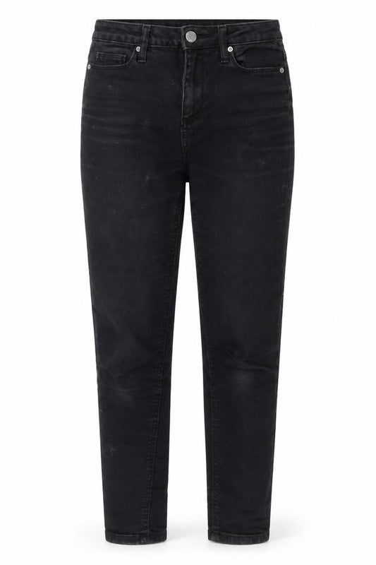 Front view of Miss Selfridge women’s black cotton straight jeans, size UK 6, 27-inch leg regular zip