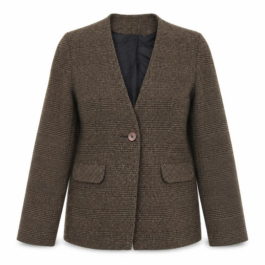Front view of Etam women’s brown plaid jacket, size UK 16, button