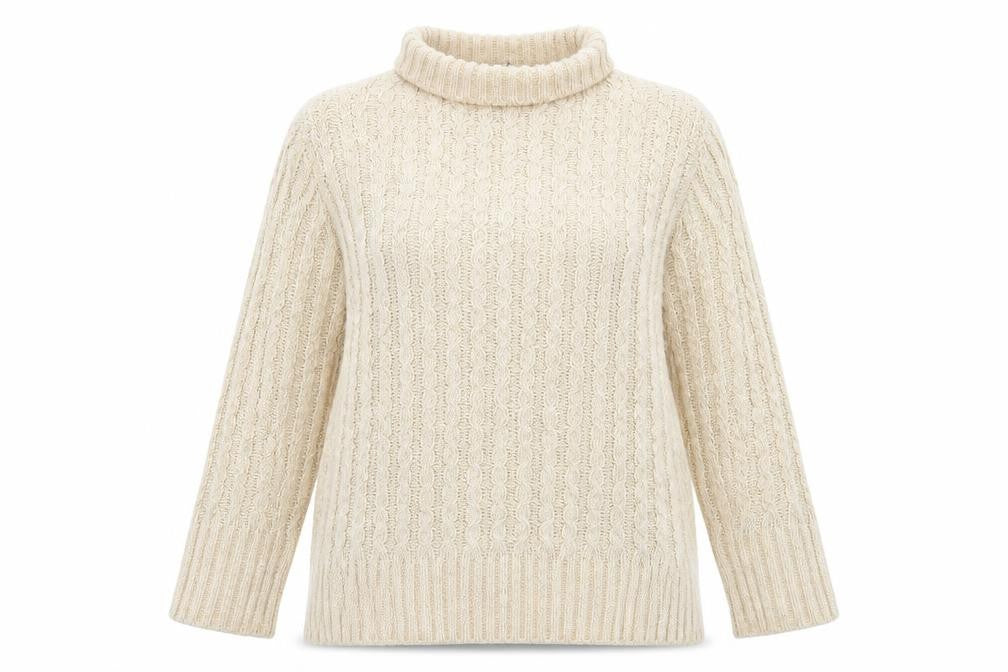 Front view of M&Co women’s beige roll neck acrylic jumper, size UK 10