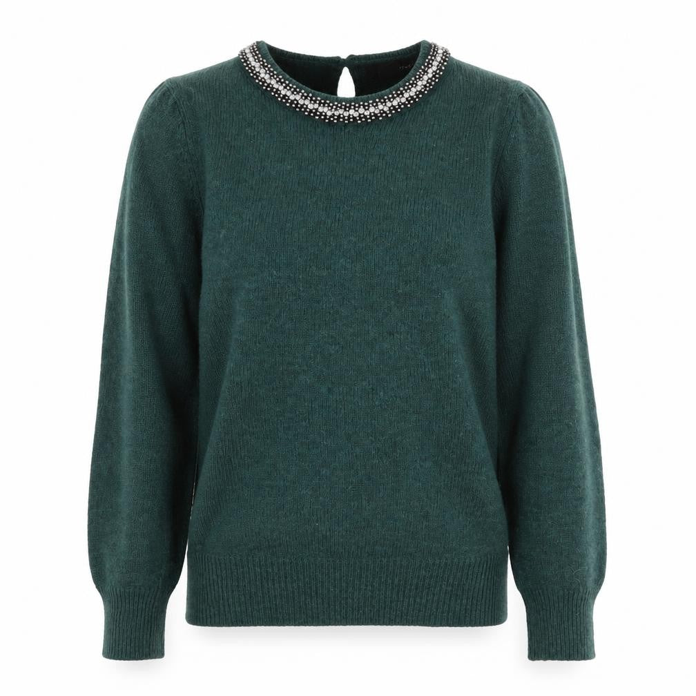 Front view of Primark women’s green round neck nylon jumper, size UK 6