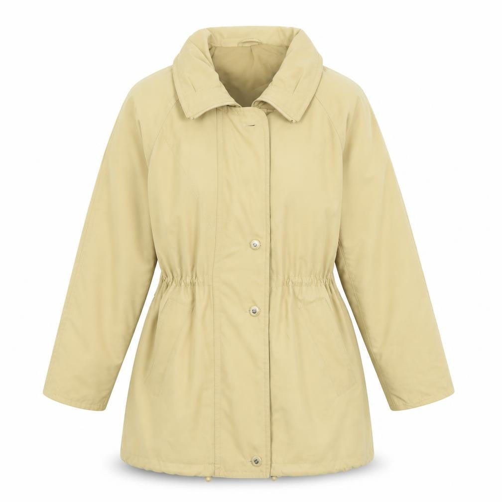 Front view of Danni Mac women’s yellow overcoat coat, size M, button - m/l
