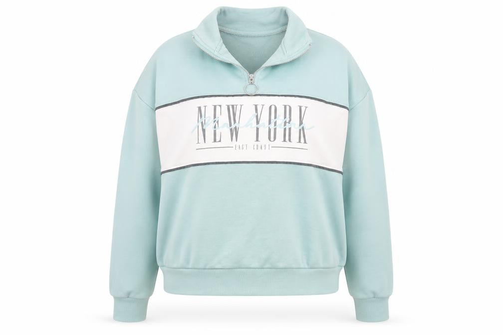 Front view of New Look women’s green polyester pullover sweatshirt, size UK 6, - new york