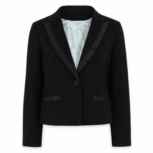Front view of Pilot women’s black jacket blazer, size UK 12, button