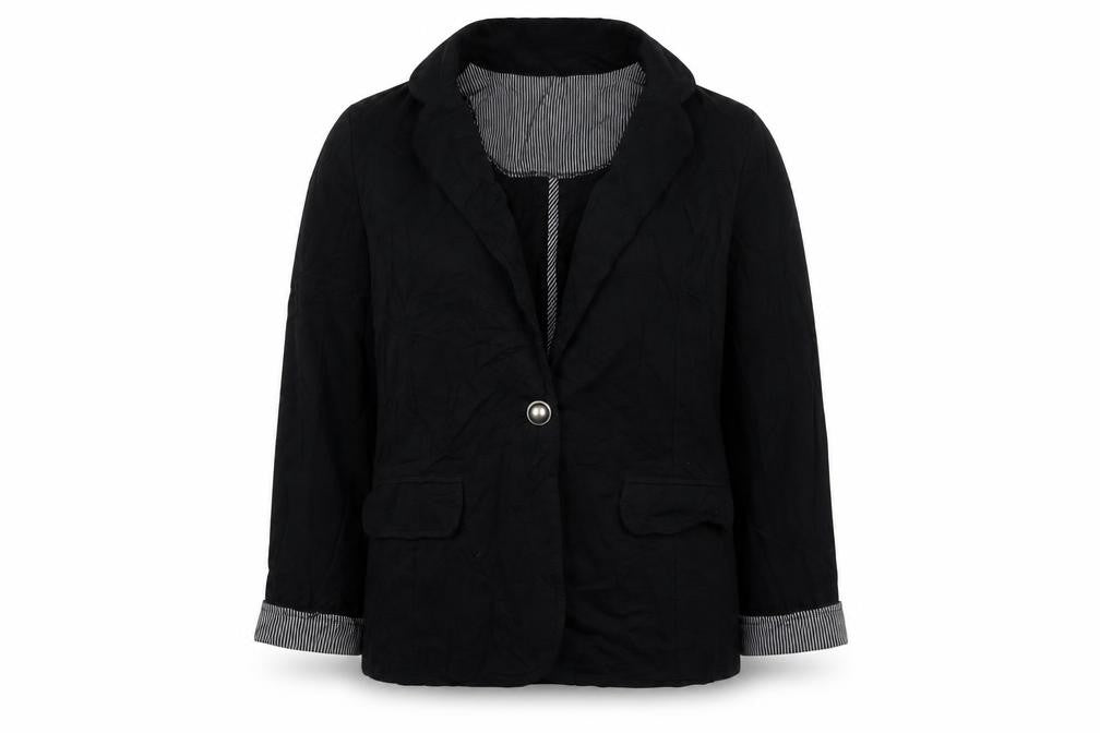 Front view of Internacionale women’s black jacket blazer, size UK 14, button