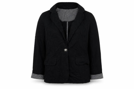 Front view of Internacionale women’s black jacket blazer, size UK 14, button