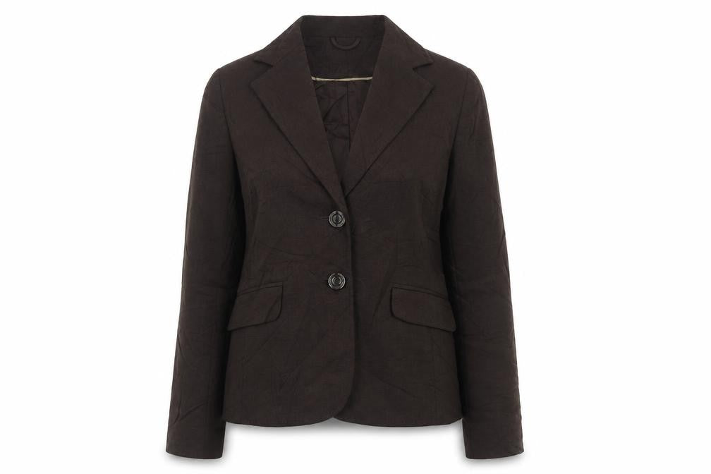 Front view of Yen women’s brown jacket blazer, size UK 10, button
