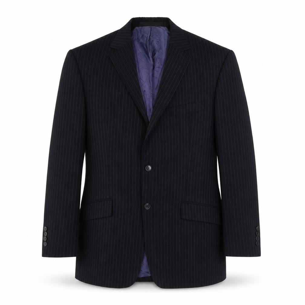 Front view of Marks & Spencer men’s blue striped wool jacket suit jacket, size 40