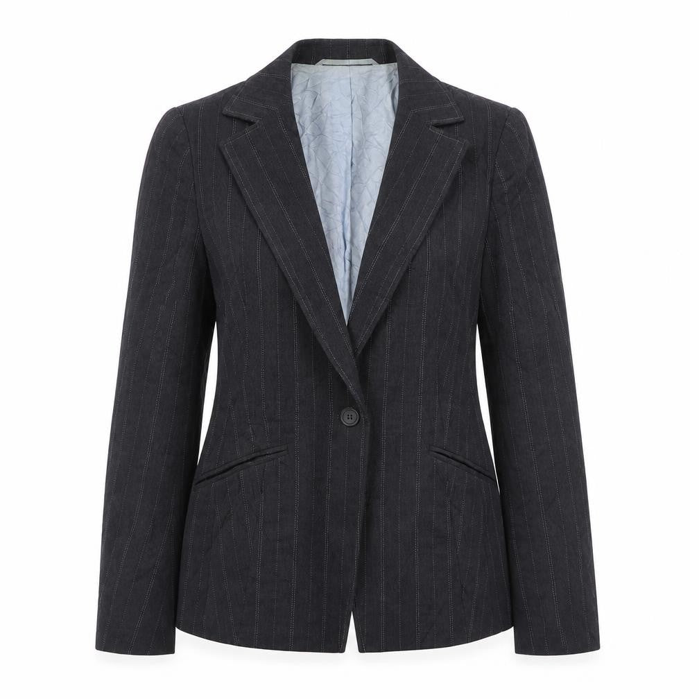 Front view of Planet women’s grey striped jacket blazer, size UK 8, button