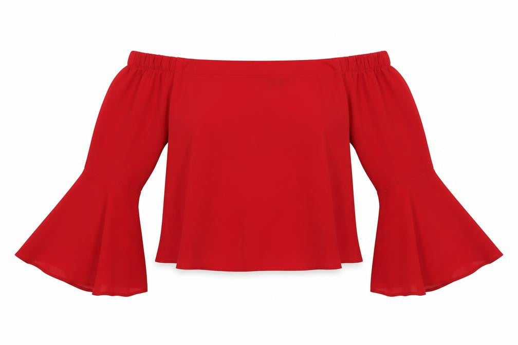 Front view of New Look women’s red polyester basic blouse, size UK 10, off the shoulder