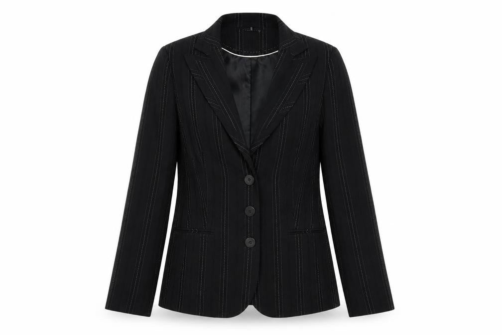Front view of New Look women’s black striped jacket blazer, size UK 12, button