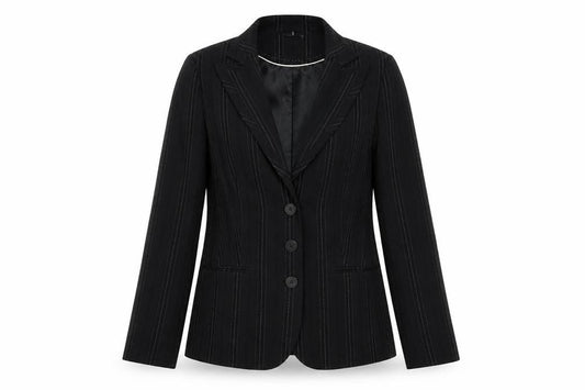 Front view of New Look women’s black striped jacket blazer, size UK 12, button