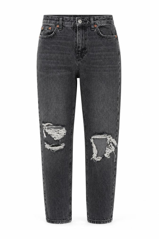Front view of Topshop women’s grey cotton mom jeans, size UK 26, 28-inch leg regular