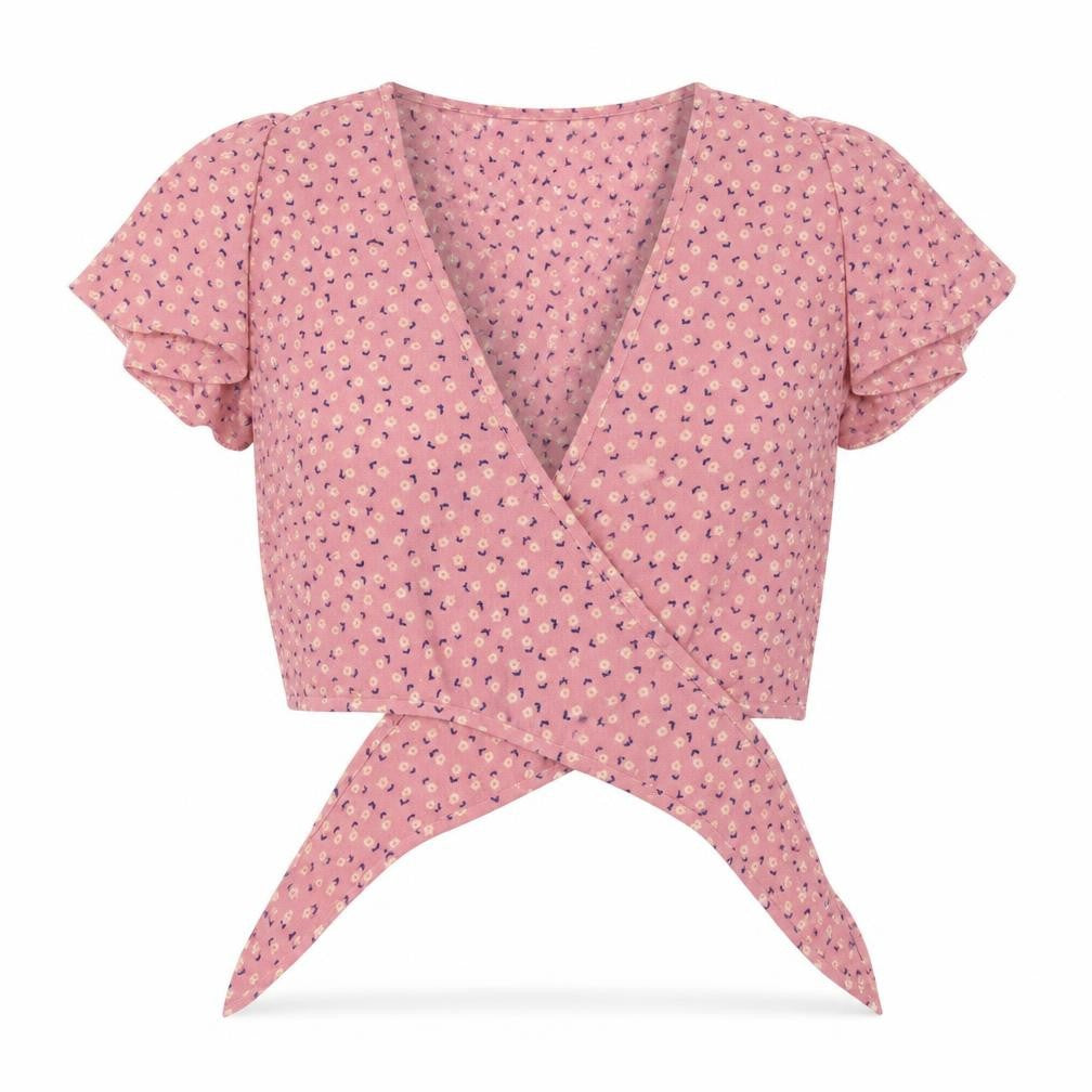 Front view of Preworn women’s pink floral polyester basic blouse, size M, v-neck