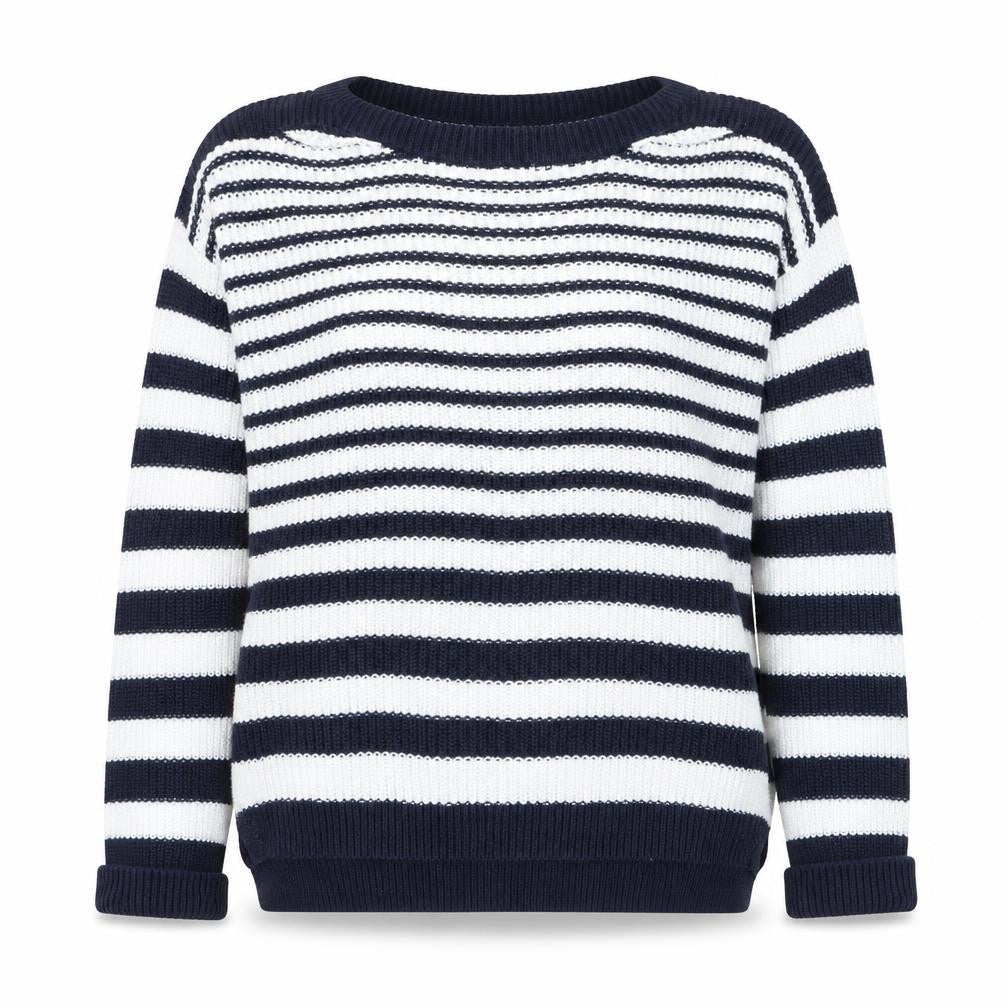 Front view of Marks & Spencer women’s blue round neck striped cotton jumper, size M