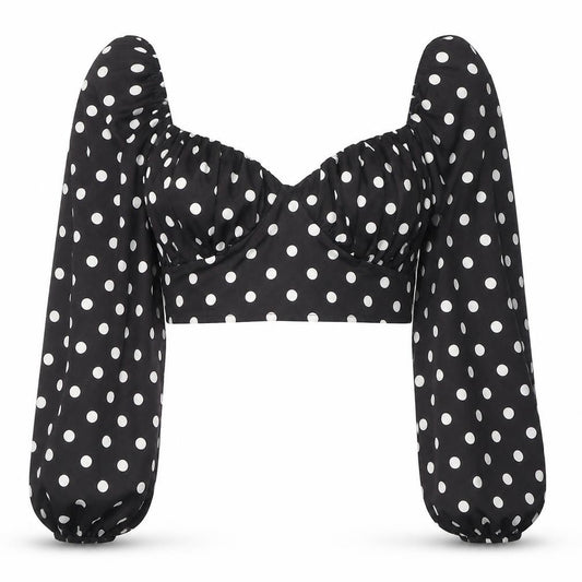 Front view of Boohoo women’s black polka dot polyester basic blouse, size UK 8, square neck