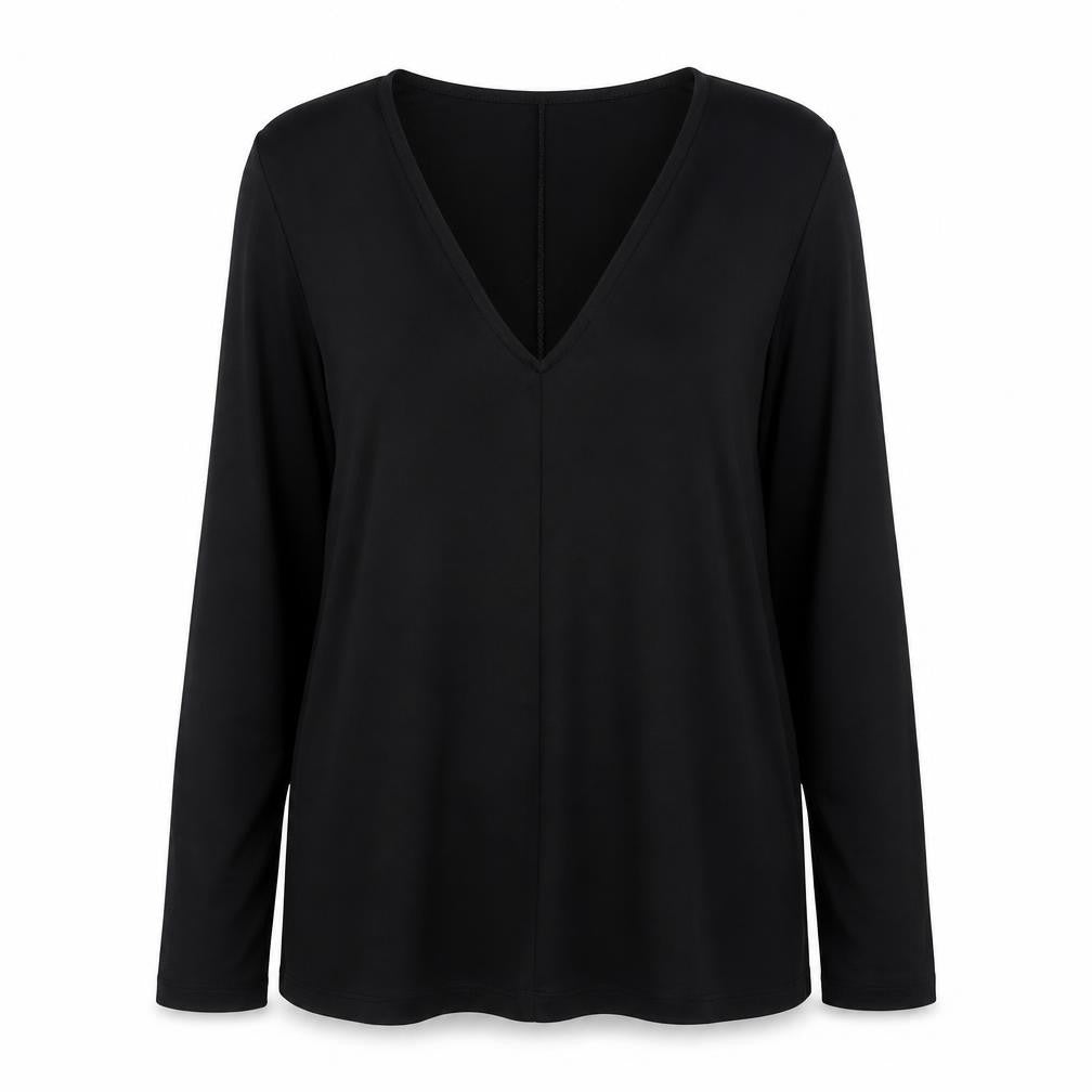 Front view of ASOS women’s black polyester basic blouse, size UK 12, v-neck