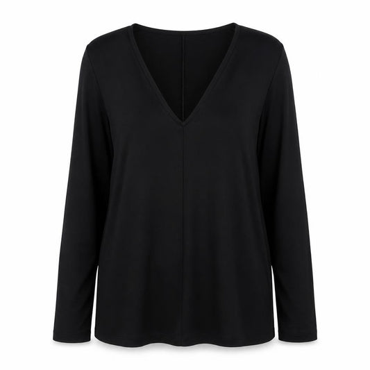 Front view of ASOS women’s black polyester basic blouse, size UK 12, v-neck