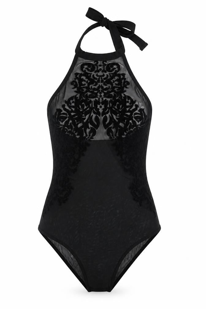 Front view of Lozana women’s black herringbone polyester bodysuit one-piece, size UK 8, button