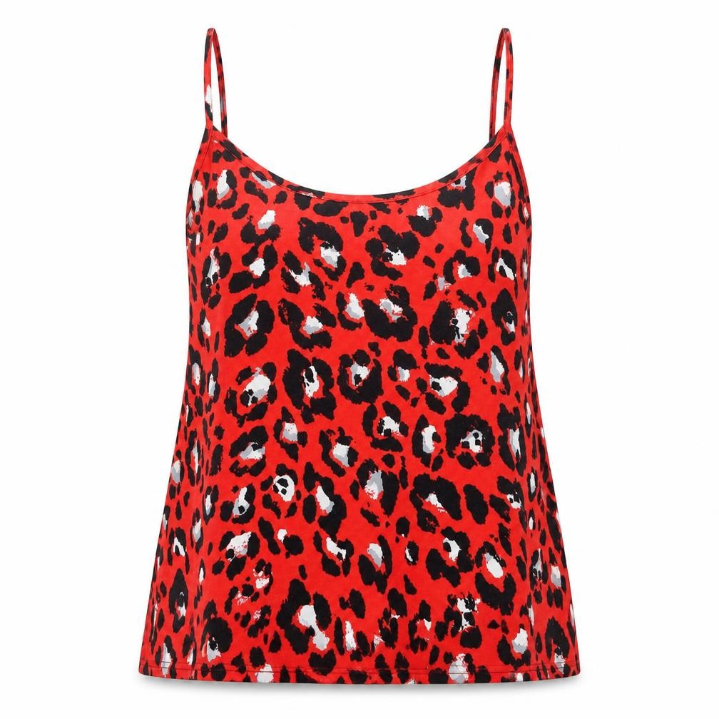 Front view of New Look women’s red animal print viscose basic tank, size UK 8, scoop neck