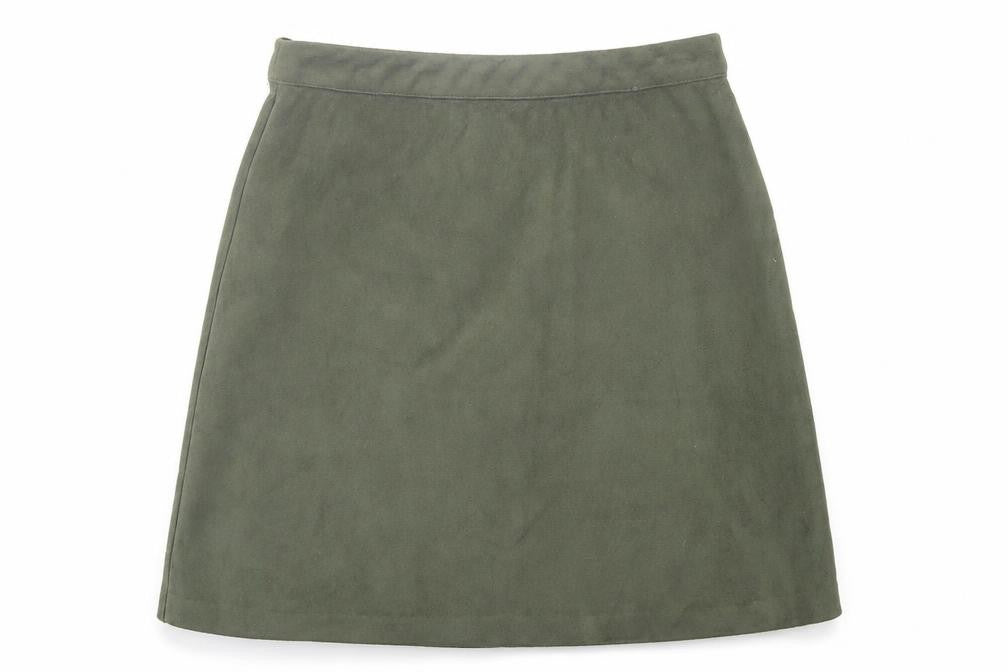 Front view of Primark women’s green polyester a-line skirt, size UK 10, zip