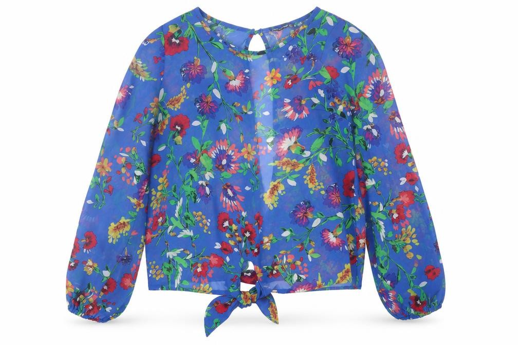 Front view of Atmosphere women’s blue floral polyester basic blouse, size UK 10, crew neck