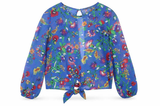 Front view of Atmosphere women’s blue floral polyester basic blouse, size UK 10, crew neck