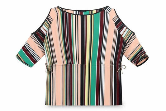 Front view of River Island women’s multicoloured striped polyester basic blouse, size UK 8, crew neck - cold shoulder