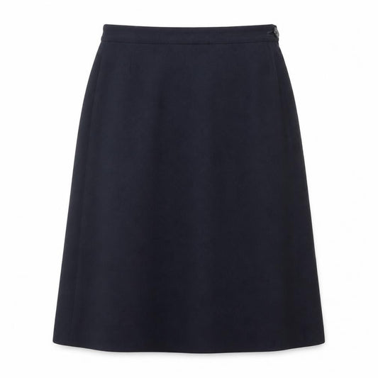 Front view of Preworn women’s blue polyester a-line skirt, size UK 12, button