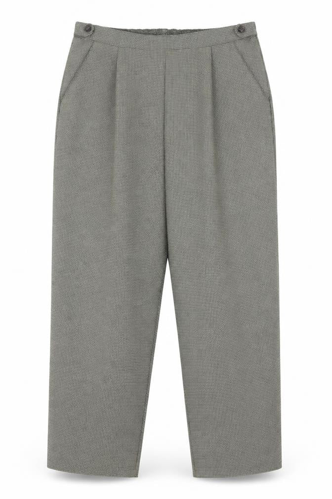 Front view of Bonmarché women’s black plaid polyester trousers, size UK 16, 24-inch leg regular button