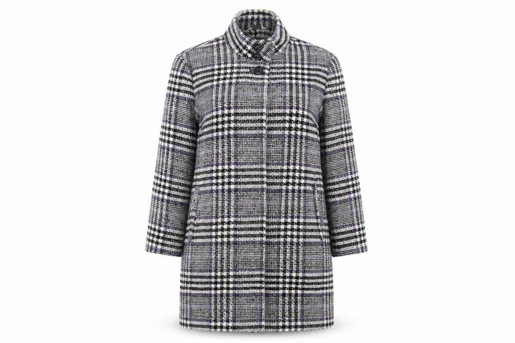 Front view of Classics women’s purple plaid overcoat coat, size UK 12, button