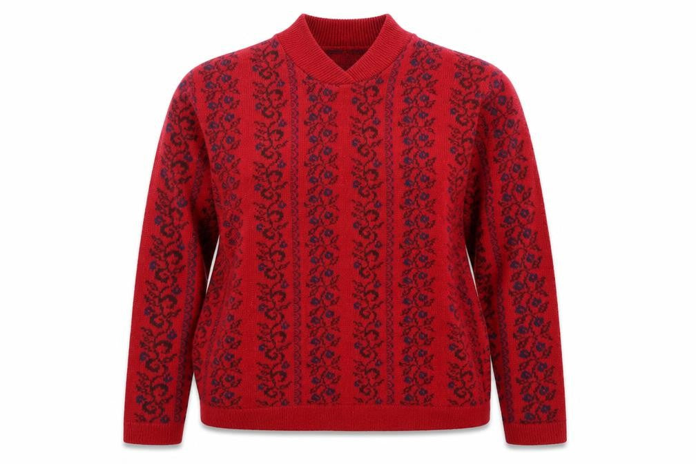 Front view of St Michael women’s red v-neck geometric acrylic jumper, size UK 16