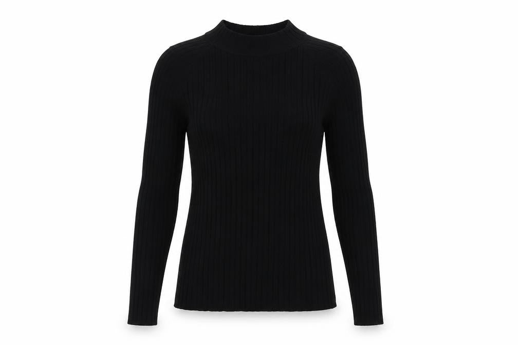 Front view of H&M women’s black mock neck acrylic jumper, size S