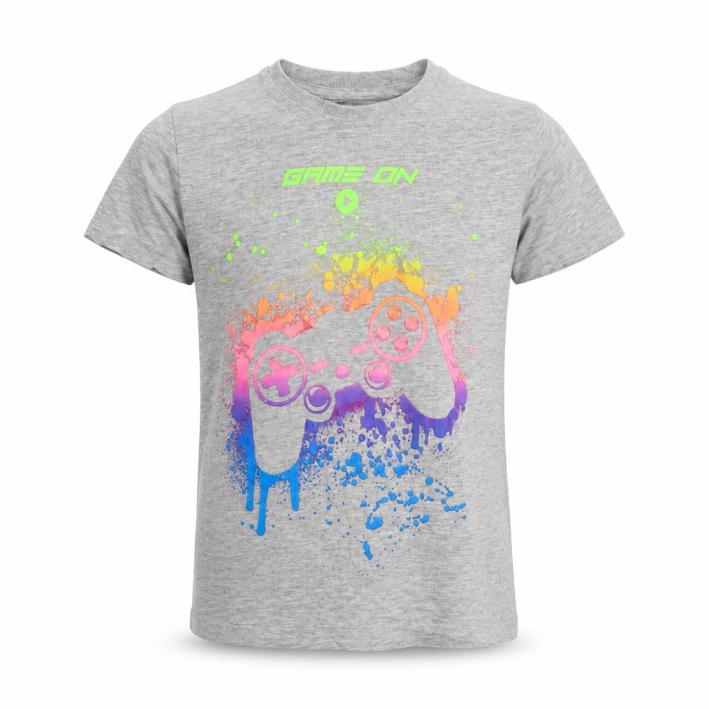 Front view of Next boys’ grey cotton pullover t-shirt, size 6, years crew neck pullover - game on