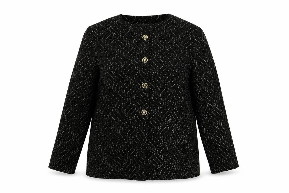 Front view of Bonmarché women’s black geometric jacket blazer, size UK 16, button