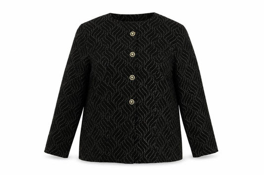 Front view of Bonmarché women’s black geometric jacket blazer, size UK 16, button