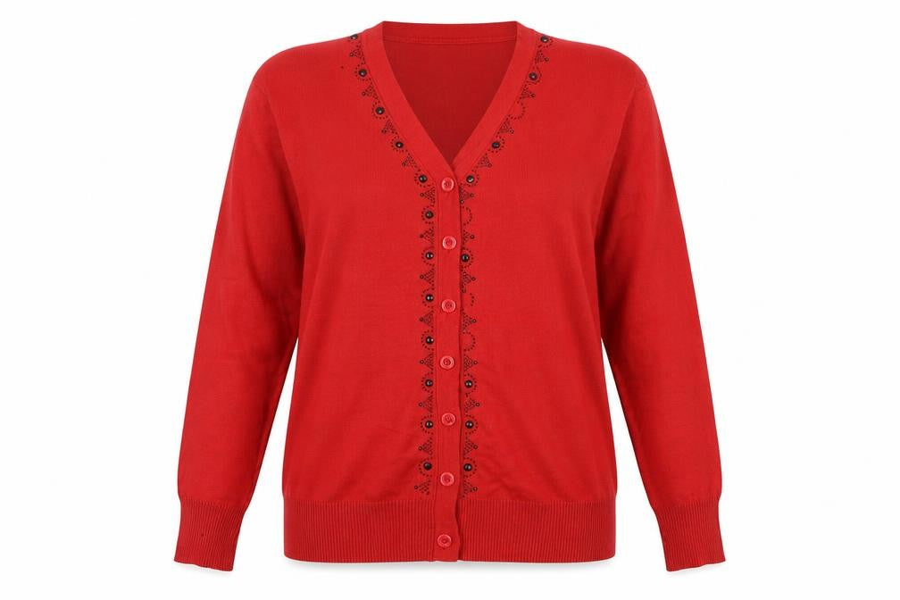 Wishwood Womens Red V-Neck  Polyester Cardigan Jumper Size L