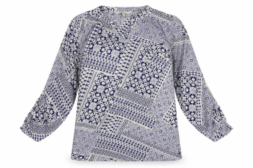 Front view of Peacocks women’s blue geometric polyester basic blouse, size UK 10, v-neck
