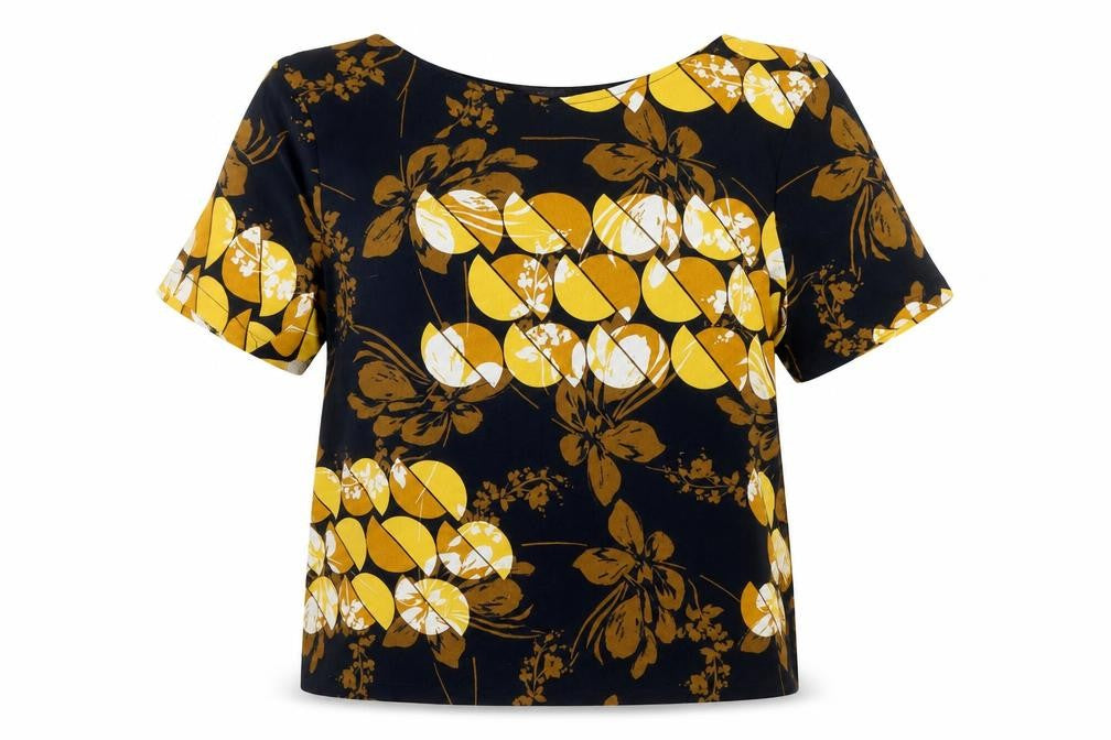 Front view of Marks & Spencer women’s black floral polyester basic blouse, size UK 12, round neck